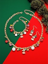 baratos Colar Feminino-Conjunto de joias com pingentes de Natal para mulheres - colar de corrente de ouro, pulseira e brincos com sino festivo e pingentes de pérola, acessórios elegantes para festas de fim de ano para