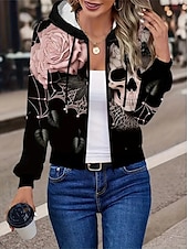 abordables Tops de Halloween-Sudaderas de mujer de Halloween con gráfico de calavera activas vintage de deportes de manga larga con capucha tops regulares casual vacaciones con cremallera con cordón negro primavera otoño