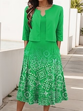 abordables Robe Boho-Femmes Robe Ensemble Robe trapèze Robe d&#039;été Occasionnel Robes semi-formelles A Ombre Géométrique Imprimé Robe Midi Demi Manches Col en V Vacances Date Vert Claire Rouge Bleu Été Printemps Coupe