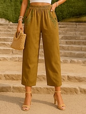 abordables Pantalón liso de lino y algodón-Mujer Pantalones de lino y algodón Chinos Moda Básico Longitud total Alta cintura Floral Bordado Comodidad Al Aire Libre Microelástico Vacaciones Calle Diario Blanco Amarillo Albaricoque Café Verano