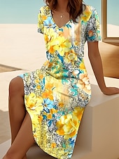 preiswerte Blumenkleid-Damen Midikleid T-Shirt-Kleid Sommerkleid A Linie Kleid Urlaub Lässig Ausgehen Strand Normale Passform Blumen Grafik Kurzarm V Ausschnitt Gelb Blau Himmelblau Sommer Frühling