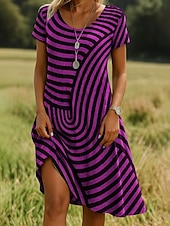 preiswerte Streifen- und geometrische Kleider-Damen Minikleid Freizeitkleid T-Shirt-Kleid Sommerkleid A Linie Kleid Lässig Normale Passform Grafik Geometrisch Kurzarm V Ausschnitt Rote Blau Purpur Braun Sommer Frühling