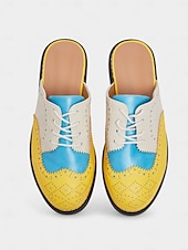 abordables Women's Clogs &amp; Mules-Women's 1950s Vintage Colorblock Wingtip Mule Oxford Shoes - Yellow Blue Slip-On Lace-Up Flats for Casual Street Style, Outings and Weekend Travel