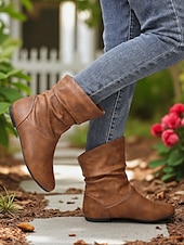 baratos Botas Slouch-Botas largas femininas de couro sintético marrom – sapatos retrô de salto baixo e cano médio para o outono, caminhadas diárias e passeios casuais