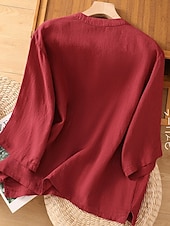 お買い得  シャツ-女性用 コットンリネンシャツ 純色 ベーシック カジュアル 七分袖 クルーネック レギュラートップス 日常 ポケット ボタン ホワイト ワイン グリーン カーキ色 夏 春 秋