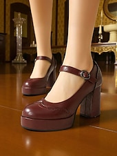 cheap 1950s-Women&#039;s Apricot Mary Jane Platform Pumps - 1950s Retro Chunky Heel Shoes with Brogue Detailing and Adjustable Strap for Office, Tea Parties, and Daily Wear