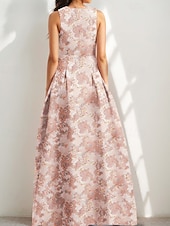 ieftine roz-Rochie de seară A-line elegantă brocard jacard rochie formală de nuntă lungime până la podea fără mâneci decolteu în V cu fante rochie pentru oaspeți de nuntă