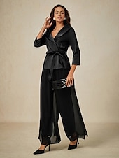 preiswerte Hosenanzüge für Mama-Zweiteilig Brautmutterkleid Elegant V Ausschnitt Knöchellänge Taft Dreiviertelarm mit Schärpe / Band Schleife(n) 2025