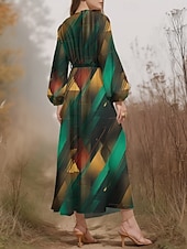 preiswerte Kunst &amp; Design Kleid-Damen Midikleid Freizeitkleid Chiffon Schwingkleid Modern Urlaub Täglich Wochenende Normale Passform Geometrisch Langarm V Ausschnitt Blau Dunkelgrün Purpur Grün Sommer Frühling Herbst