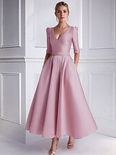 ieftine Rochii Cocktail-Rochie de invitat la nuntă A-Line rochii de cocktail nuntă pe plajă rochie elegantă formală lungime de ceai mânecă scurtă decolteu în V satinat cu rochii cu buzunare