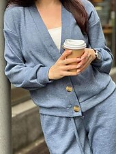 voordelige Blousepakken voor dames-Dames Actief Streetwear Blouse Broeken Sets Lange mouw V-hals Effen Kleur Vakantie Alledaagse kleding Zwart Leger Groen Stoffig blauw Herfst Normale pasvorm