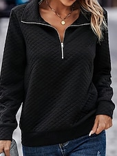 tanie Teksturowane bluzy i swetry-Damskie Bluza z kapturem i bluzą Równina Moda miejska Codzienny Wygodny Długi rękaw W serek Zwykłe topy Ulica Święto Wyjściowe Quarter Zip Czarny Jesień