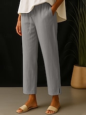 cheap Plain Cotton Linen Pant-Women&#039;s Cotton Linen Pants Simple Casual Long High Waist Plain Pocket Elastic Drawstring Design High Cut Breathability Soft Micro-elastic Daily Wear White Green Beige Gray Spring Fall Regular Fit