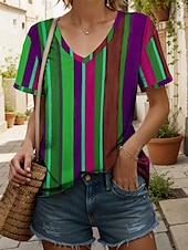 ieftine Tricou cu dungi și geometric-Pentru femei Tricou Grafic Geometric Dungi Epocă Stilat Clasic Manșon scurt În V Topuri obișnuite Zilnic Imprimeu Galben Roșu-aprins Albastru piscină Mov Trifoi Vară Primăvară
