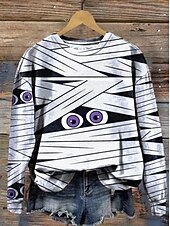 preiswerte Halloween Oberteile-Damen Pullover Sweatshirt Grafik Schädel Halloween Mode Lässig Langarm Rundhalsausschnitt Rundhals Normale Oberteile Straße Alltagskleidung Lässig Druck Schwarz Braun Grün Hell Gray Dunkelgray Herbst