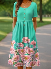 abordables Robe Fleurie-Femmes Robe Midi Robe Tricot Robe Décontractée Robe d&#039;Été Robe trapèze Vacances Occasionnel Chaussures de plage Fête Coupe Ample Fleuri Graphique Manche Courte Col ras du cou Blanche Rose Claire
