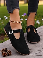 preiswerte Damenhausschuhe und -halbschuhe-Ballerinas für Damen mit breiter Zehenpartie aus Wildlederimitat und verstellbarem Riemen – bequeme Freizeitschuhe für Garten, Park und Spaziergänge im Freien