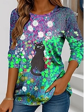 ieftine Tricou cu animale-Pentru femei Tricou Floral Grafic Pisica Epocă Stilat Clasic Manșon Lung Stil Nautic Topuri obișnuite Zilnic Sfârșit de săptămână Imprimeu Roz Îmbujorat Portocaliu Trifoi Primăvară Toamnă