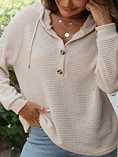 billige Teksturert hettegensere og sweatshirt-Dame Genser Fritid Helfarge Riflet Med hette Knapper Strikket Langermet Vanlige topper Strikke Daglig Ut på byen Helg Svart Hvit Høst