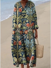 tanie Sukienka boho-Damskie Sukienka maxi Sukienka letnia Sukienka A line Urlop Codzienny Wyjściowe Luźna Kwiaty Graficzny W Tureckie Wzory Długi rękaw W serek Granatowy Rumiany róż Czerwony Niebieski Lato Wiosna Jesień