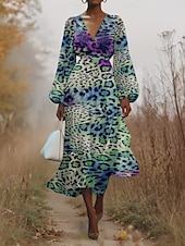cheap Art&amp;Design Dress-Women&#039;s Midi Dress Casual Dress Chiffon Swing Dress Modern Vacation Daily Weekend Regular Fit Leopard Long Sleeve V Neck Blue Brown Green Summer Spring Fall Autumn