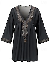 abordables Tops bohèmes-Femmes Chemises en coton et lin Chemisier occidental Uni Bohème ancien Boho manche longue Col en V Hauts Longs Quotidien Fête Patchwork Gris foncé Été