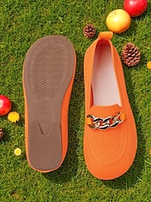 abordables Chaussures sans lacet et mocassins femme-Mocassins Flyknit orange à bout large pour femme – chaussures plates décontractées, confortables et respirantes avec chaîne en métal, idéales pour le shopping, le travail et les promenades dans le jardin