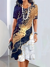 ieftine Tipăriți rochii florale-Pentru femei Rochii Midi Rochie imprimata Modă Modern Zilnic Petrecere ceai Ieșire Potrivire Largă Floral Abstract Manșon scurt Stil Nautic Negru Galben Albastru piscină Albastru Închis Vară Primăvară