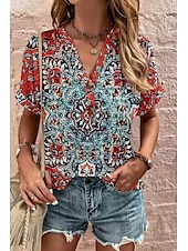 tanie T-shirt boho-Damskie Podkoszulek Graficzny Plemienny Elegancki Codzienny Boho Krótki rękaw W serek Zwykłe topy Codzienny Wyjściowe Weekend Nadruk Czarny i biały Czerwony Fioletowy Czerwony / Niebieski Lato Wiosna
