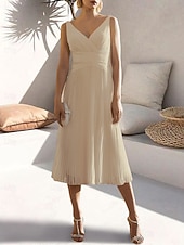 cheap Cocktail Dresses-A-Line Cocktail Dresses Elegant Dress Formal Wedding Guest Tea Length Sleeveless V Neck Chiffon with Ruched Pure Color Dresses