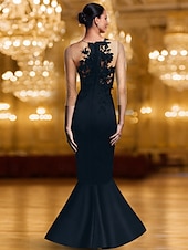 economico Abiti da Sera Sirena-Abito da sera elegante a sirena/tromba con cravatta nera, abito formale da sposa, lungo fino al pavimento, manica lunga, scollo a V, in crêpe elasticizzato con applicazioni, 2025