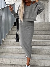 abordables Robe Simple-Femmes Robe Ensemble Robe fourreau Occasionnel Uni Froncé Robe Midi manche longue À capuche Extérieur Quotidien Noir Chameau Café Été Printemps Coupe régulière