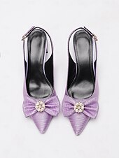 cheap Block Heels-Women&#039;s Lavender Slingback Heels with Pearl Bow - Satin Textured 1950s Vintage Style Low Block Pumps for Weddings, Garden Parties, and Spring Outfits