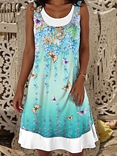 preiswerte Blumenkleid-Damen Minikleid T-Shirt-Kleid Sommerkleid A Linie Kleid Urlaub Lässig Täglich Normale Passform Blumen Grafik Ärmellos Rundhalsausschnitt Gelb Blau Grün Sommer Frühling Herbst