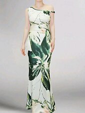 abordables Robes fleuries élégantes-Femmes Robe Longue Maxi Robe Robe Imprimée Mode Extérieur Sortir Week-end Coupe régulière Fleur Sans manches Une Épaule Violet Vert Été