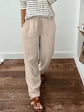 baratos Calça de linho de algodão simples-Mulheres Calças de linho de algodão Calças Roupa de rua Casual Longas Cintura Alta Tecido Bolsos Design de cordão elástico Corte alto Respirabilidade Macio Micro-Elástica Rua Roupa Diária Preto