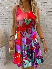 preiswerte Streifen- und geometrische Kleider-Damen Minikleid Sommerkleid A Linie Kleid Schulterfreies Kleid Urlaub Lässig Boho Ferien Strand Normale Passform Herz Grafik Ärmellos Rundhalsausschnitt Gelb Rote Blau Purpur Sommer Frühling
