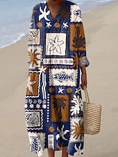 abordables Art &amp; Design Robes-Femmes Robe Midi Robe d&#039;Été Robe trapèze Vacances Occasionnel Boho Soirée Plage Coupe Ample Graphique Géométrique Abstrait manche longue Col en V Blanche Rose Claire Bleu Marron Été Printemps Automne