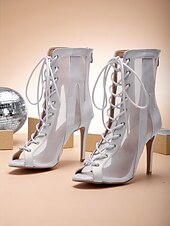 baratos Sapatos de Dança Latina-Botas de dança de salto alto com cadarço branco e prata para mulheres - sapatos profissionais de dança de jazz latino com biqueira aberta para palco e festa