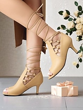 abordables Fête de la Vie Nocturne-Bottines noires à talons hauts et bout ouvert pour femmes - Bottines courtes à lacets pour les soirées et les tenues de fête