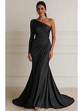 economico Rosa-Sirena / Tromba Abito da Sera Elegante Vestito Formale Matrimonio Lunghezza al pavimento Manica Lunga Monospalla Vestito Rosa Raso Elasticizzato con Pieghe 2025
