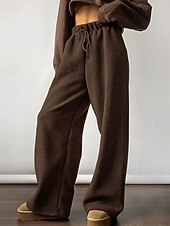 billiga breda ben och hög midja-Dam Fleecebyxor Byxor Rak Mode Streetwear Fullängd Hög midja Slät Snörning Elastisk midja Mateial som andas Bekväm Microelastisk Gata Dagliga kläder Utekväll Vit Brun Kaki Höst Vinter Normal