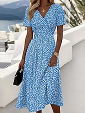billiga Skriv ut blommiga klänningar-Dam Midiklänning Vardagsklänning Solklänning A linjeklänning Slipklänning Elegant Semester Ledigt Strand Normal Blommig Grafisk Prickig Kortärmad V-hals Gul Rubinrött Blå Purpur Sommar Vår