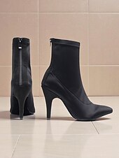 baratos Botas de dança-Botas de dança femininas pretas elásticas no tornozelo - elegantes sapatos de salto alto e bico fino para salão de baile latino profissional, perfeitos para salsa, tango e apresentações no palco