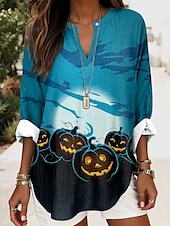 abordables Hauts d&#039;Art et de Design pour Femmes-Halloween Femmes Chemisier Graphique ancien Élégant Occasionnel manche longue Col en V Hauts Réguliers Quotidien Fête Imprimé Noir Bleu Bleu Poudré Violet Orange Été Printemps Automne