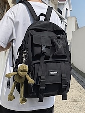 preiswerte College-Rucksäcke-Freizeitrucksack für Teenager mit großem Fassungsvermögen – Schultasche im koreanischen Stil mit mehreren Taschen und Plüsch-Schlüsselanhänger für Schule, Reisen und Outdoor-Aktivitäten, Schwarz, Weiß, Rot