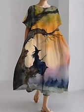 olcso Halloween ruha-Halloween Női Midi Ruha A vonalú Ruha Nyári Ruha Kényelmes Napi Normál Fit Grafikai Rövid Ujjú Kerek Nyakú Sárga Kék Lila Zöld Nyár