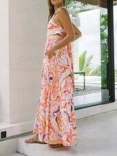 billiga Blommiga klänningar-Dam Maxiklänning A linjeklänning Slipklänning Semester Ledigt Boho Utomhus Utekväll Normal Blommig Ärmlös Halterneck Vit Gul Blå Orange Sommar Vår
