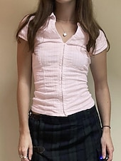 preiswerte Damen Einfache Oberteile-Damen Hemd Bluse Einfach Modern Lässig Kurzarm Hemdkragen Normale Oberteile Täglich Ferien Knöpfe Weiß Rosa Sommer