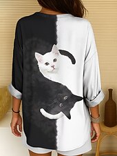 billige Dyr Topp-Kvinnes Bluse Tunika V-hals Lange Ermer Boho Casual Sommer Topper Grafisk Dyr Katt Vintage Tropisk Vanlige Topper Daglig Bruk Print Svart Og Hvit Gul Rosa Rød Blå